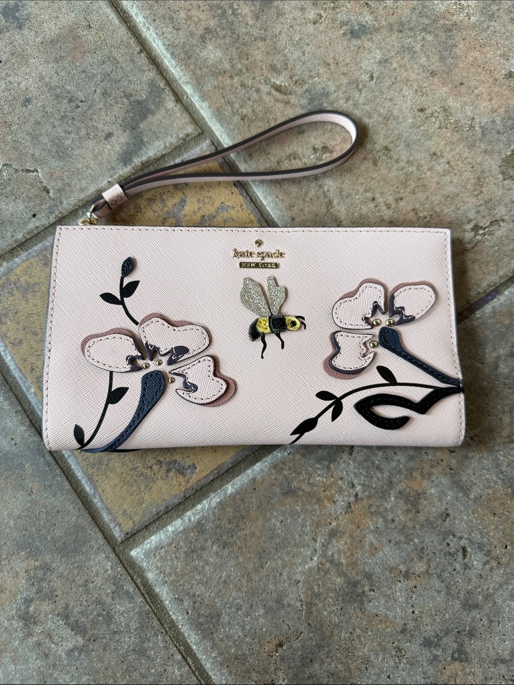 kate spade Pale Pink Floral Appliqué Wristlet with Bee Detail